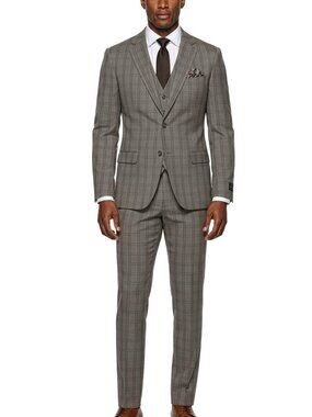 Tan Windowpane Plaid Notch Lapel 3 Piece Men's Suit